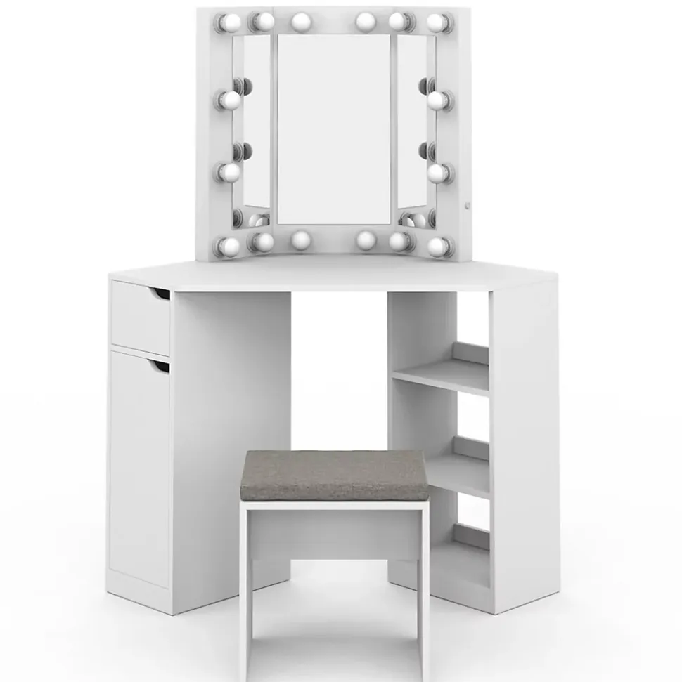 Coiffeuse d'angle ZELIA blanche 3 miroirs LED, 3 étagères, 1 tiroir, 1 caisson de rangement et tabouret