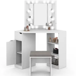 Coiffeuse d'angle ZELIA blanche 3 miroirs LED, 3 étagères, 1 tiroir, 1 caisson de rangement et tabouret