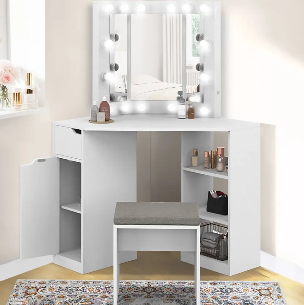 Coiffeuse d'angle ZELIA blanche 3 miroirs LED, 3 étagères, 1 tiroir, 1 caisson de rangement et tabouret