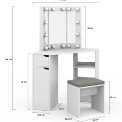 Coiffeuse d'angle ZELIA blanche 3 miroirs LED, 3 étagères, 1 tiroir, 1 caisson de rangement et tabouret