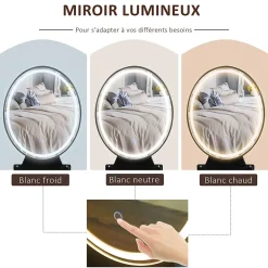 Coiffeuse design - miroir LED intégré - 2 tiroirs + 1 organisateur - tabouret inclus - métal noir MDF imitation bois noyer foncé