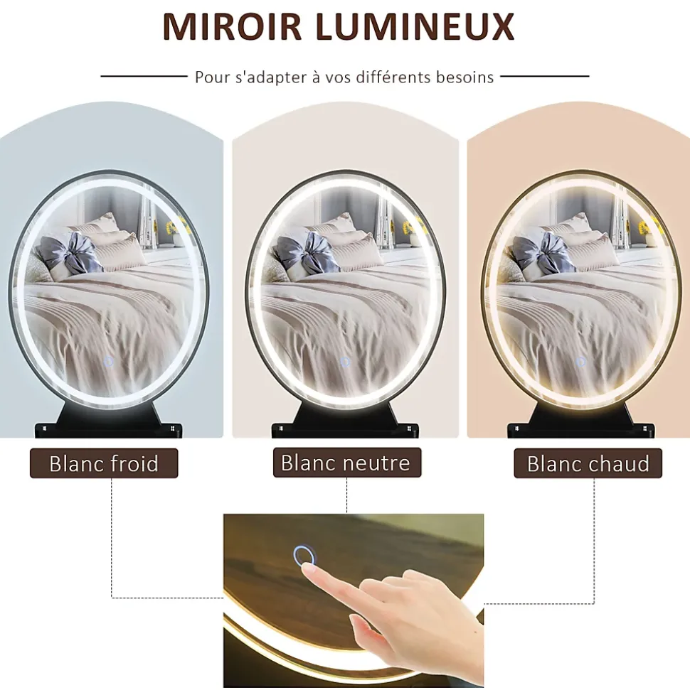 Coiffeuse design - miroir LED intégré - 2 tiroirs + 1 organisateur - tabouret inclus - métal noir MDF imitation bois noyer foncé