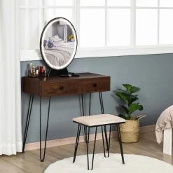 Coiffeuse design - miroir LED intégré - 2 tiroirs + 1 organisateur - tabouret inclus - métal noir MDF imitation bois noyer foncé