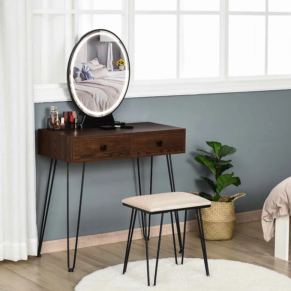 Coiffeuse design - miroir LED intégré - 2 tiroirs + 1 organisateur - tabouret inclus - métal noir MDF imitation bois noyer foncé