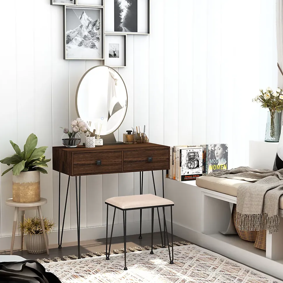 Coiffeuse design - miroir LED intégré - 2 tiroirs + 1 organisateur - tabouret inclus - métal noir MDF imitation bois noyer foncé
