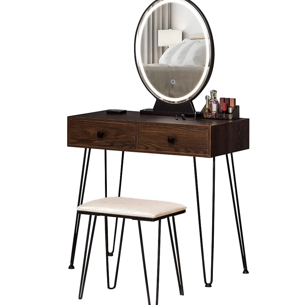 Coiffeuse design - miroir LED intégré - 2 tiroirs + 1 organisateur - tabouret inclus - métal noir MDF imitation bois noyer foncé