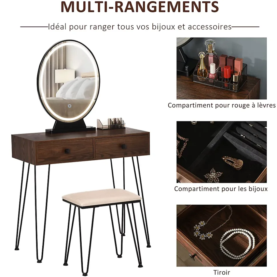 Coiffeuse design - miroir LED intégré - 2 tiroirs + 1 organisateur - tabouret inclus - métal noir MDF imitation bois noyer foncé