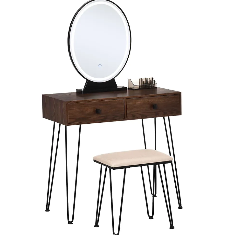Coiffeuse design - miroir LED intégré - 2 tiroirs + 1 organisateur - tabouret inclus - métal noir MDF imitation bois noyer foncé