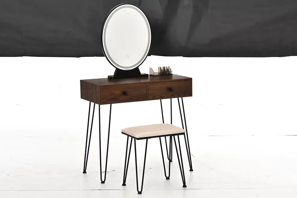 Coiffeuse design - miroir LED intégré - 2 tiroirs + 1 organisateur - tabouret inclus - métal noir MDF imitation bois noyer foncé
