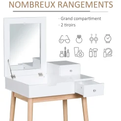Coiffeuse design scandinave table de maquillage multi-rangements miroir pliable 60L x 50l x 86H cm pin et MDF blanc