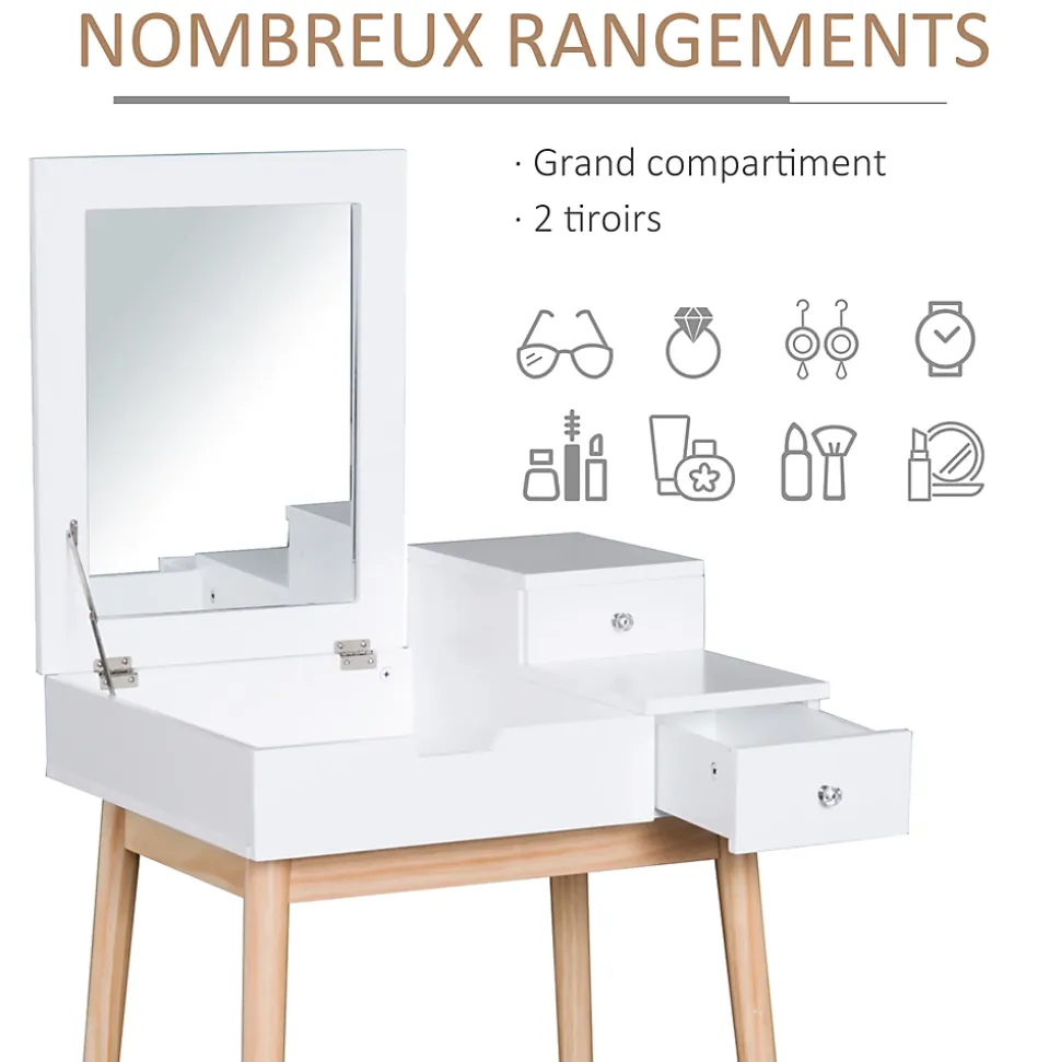 Coiffeuse design scandinave table de maquillage multi-rangements miroir pliable 60L x 50l x 86H cm pin et MDF blanc
