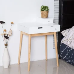 Coiffeuse design scandinave table de maquillage multi-rangements miroir pliable 60L x 50l x 86H cm pin et MDF blanc