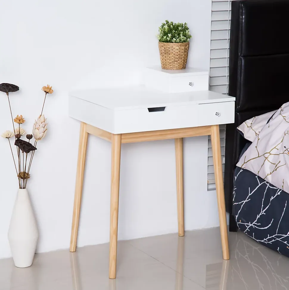 Coiffeuse design scandinave table de maquillage multi-rangements miroir pliable 60L x 50l x 86H cm pin et MDF blanc