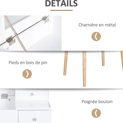 Coiffeuse design scandinave table de maquillage multi-rangements miroir pliable 60L x 50l x 86H cm pin et MDF blanc