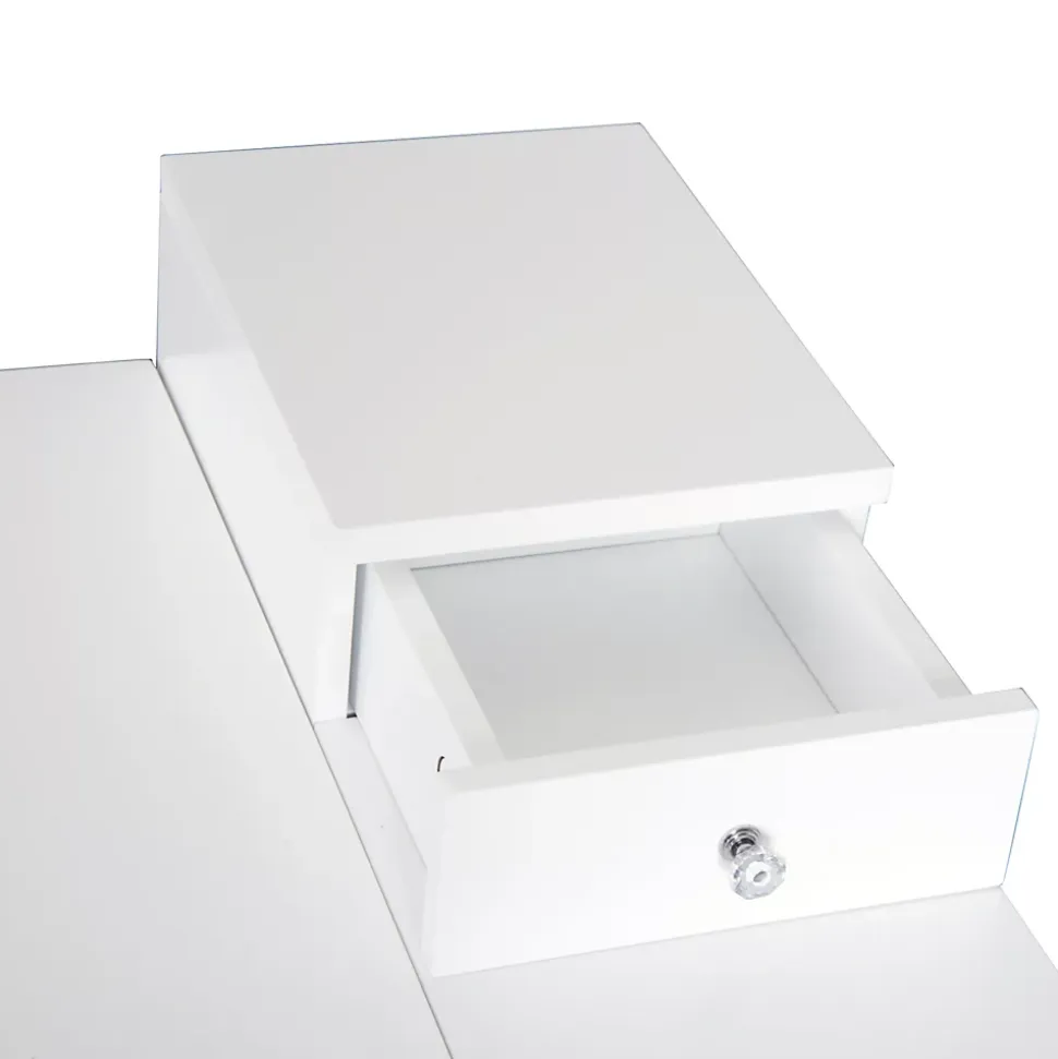 Coiffeuse design scandinave table de maquillage multi-rangements miroir pliable 60L x 50l x 86H cm pin et MDF blanc