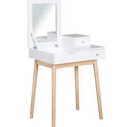 Coiffeuse design scandinave table de maquillage multi-rangements miroir pliable 60L x 50l x 86H cm pin et MDF blanc