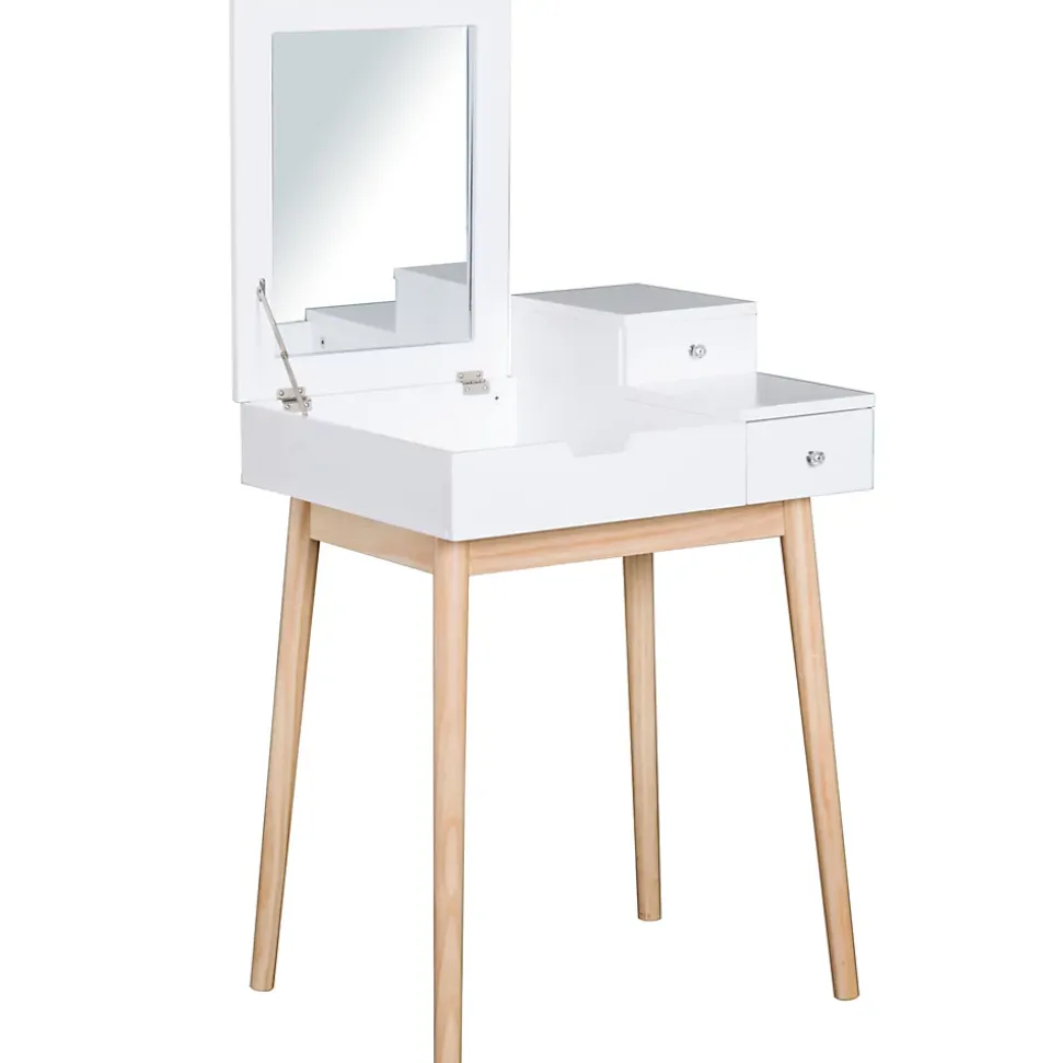 Coiffeuse design scandinave table de maquillage multi-rangements miroir pliable 60L x 50l x 86H cm pin et MDF blanc