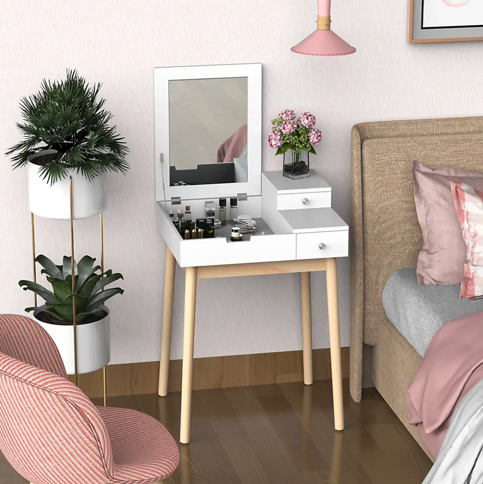 Coiffeuse design scandinave table de maquillage multi-rangements miroir pliable 60L x 50l x 86H cm pin et MDF blanc