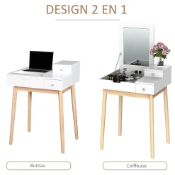 Coiffeuse design scandinave table de maquillage multi-rangements miroir pliable 60L x 50l x 86H cm pin et MDF blanc
