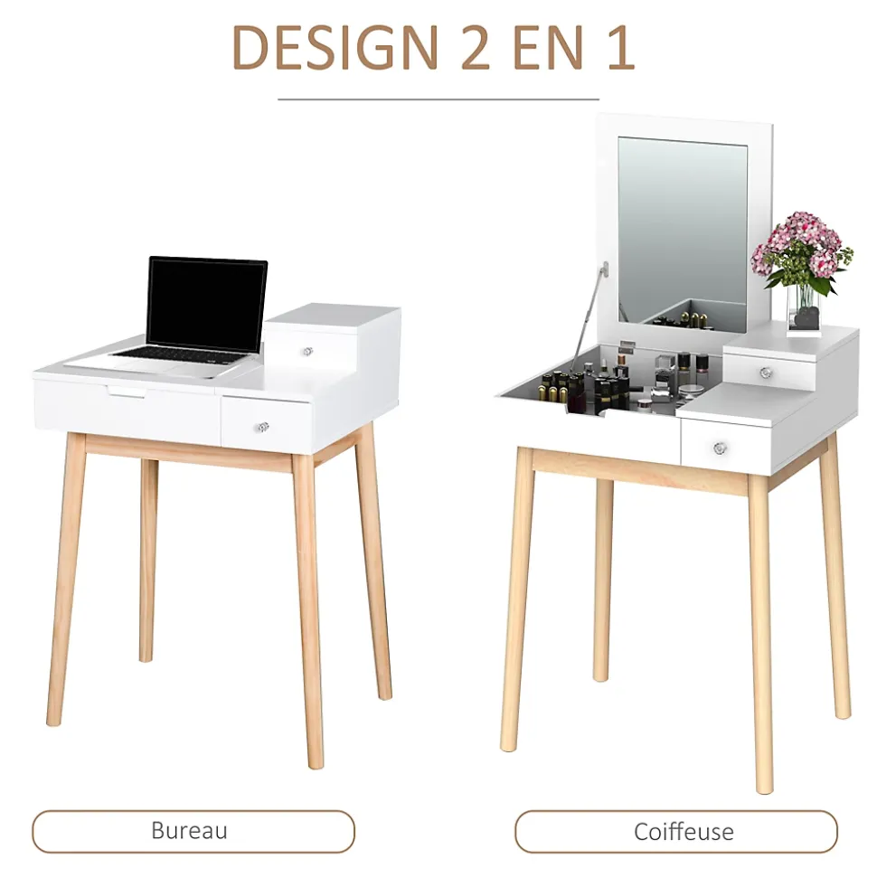 Coiffeuse design scandinave table de maquillage multi-rangements miroir pliable 60L x 50l x 86H cm pin et MDF blanc