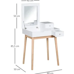 Coiffeuse design scandinave table de maquillage multi-rangements miroir pliable 60L x 50l x 86H cm pin et MDF blanc