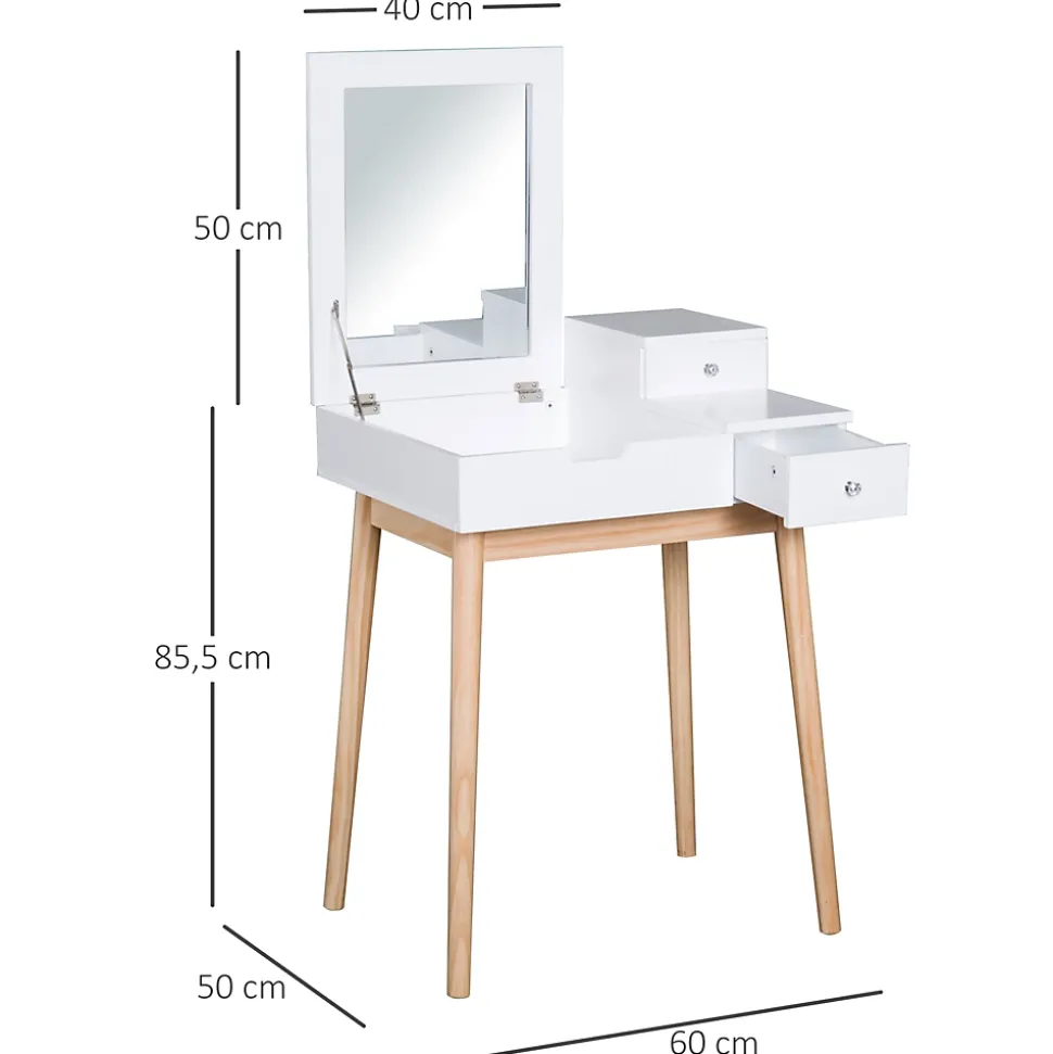 Coiffeuse design scandinave table de maquillage multi-rangements miroir pliable 60L x 50l x 86H cm pin et MDF blanc
