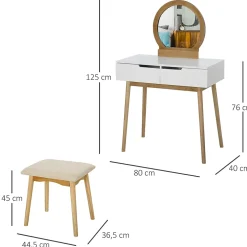 Coiffeuse design scandinave table de maquillage avec miroir, 2 tiroirs et tabouret blanc pin clair