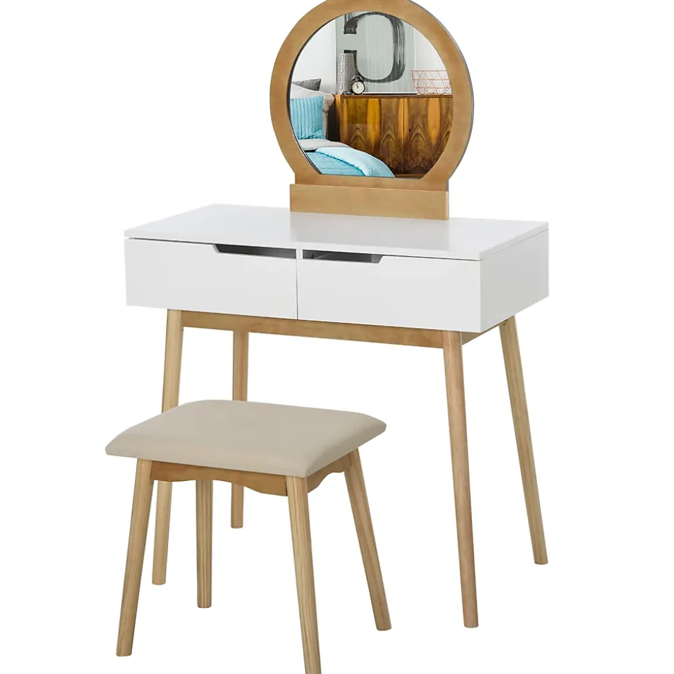 Coiffeuse design scandinave table de maquillage avec miroir, 2 tiroirs et tabouret blanc pin clair