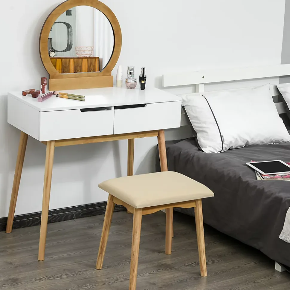 Coiffeuse design scandinave table de maquillage avec miroir, 2 tiroirs et tabouret blanc pin clair