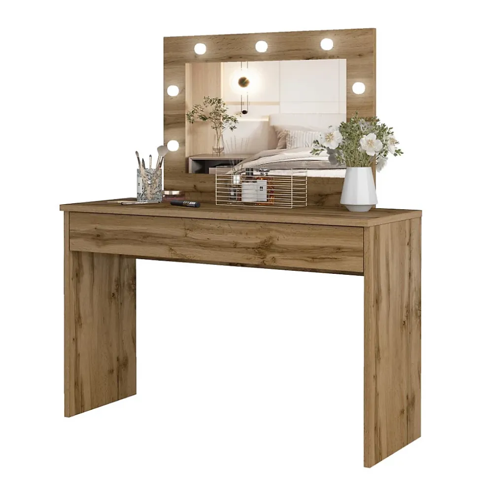 Coiffeuse DIVA chene Avec miroir, tiroir et LED Elégance naturelle et fonctionnalité