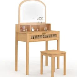 Coiffeuse EDHEN avec miroir LED, 1 tiroir, 3 niches et tabouret effet cannage naturel et bois