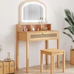 Coiffeuse EDHEN avec miroir LED, 1 tiroir, 3 niches et tabouret effet cannage naturel et bois
