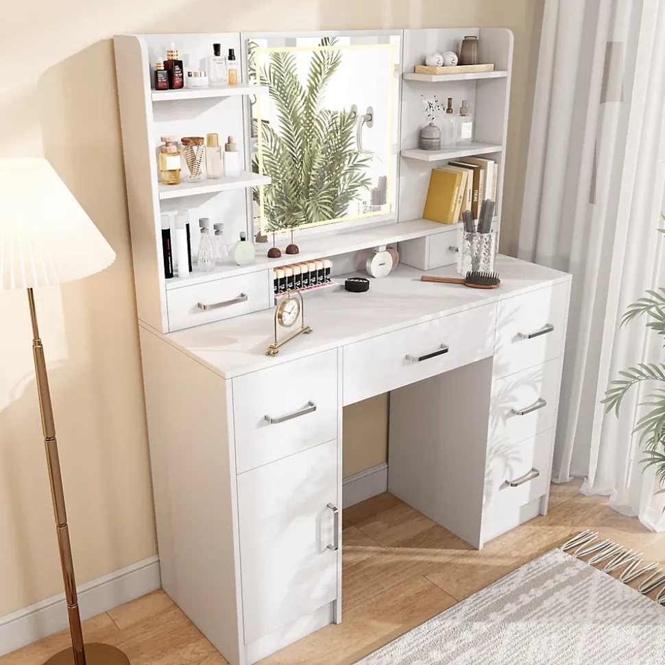 Coiffeuse en MDF avec Miroir 3 Couleurs, LED Tactile, 2 Tiroirs, Prises EU + USB, Support Sèche-Cheveux, Blanc