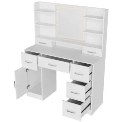 Coiffeuse en MDF avec Miroir 3 Couleurs, LED Tactile, 2 Tiroirs, Prises EU + USB, Support Sèche-Cheveux, Blanc