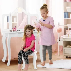 Coiffeuse Enfant 3 7 Ans 2 en 1 Table de Maquillage avec Tabouret 3 Miroirs Amovibles 1 Tiroir Pieds en Bois de Pin