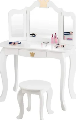 Coiffeuse Enfant 3 7 Ans 2 en 1 Table de Maquillage avec Tabouret 3 Miroirs Amovibles 1 Tiroir Pieds en Bois de Pin