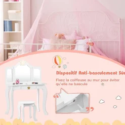 Coiffeuse Enfant 3 7 Ans 2 en 1 Table de Maquillage avec Tabouret 3 Miroirs Amovibles 1 Tiroir Pieds en Bois de Pin