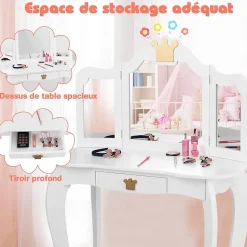 Coiffeuse Enfant 3 7 Ans 2 en 1 Table de Maquillage avec Tabouret 3 Miroirs Amovibles 1 Tiroir Pieds en Bois de Pin