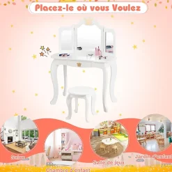 Coiffeuse Enfant 3 7 Ans 2 en 1 Table de Maquillage avec Tabouret 3 Miroirs Amovibles 1 Tiroir Pieds en Bois de Pin