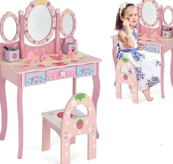 Coiffeuse Enfant 2 en 1, Table de Maquillage avec Tabouret et 3 Miroirs Amovibles, 3 Tiroirs et 2 Boîtes de Rangement,Charge 20KG