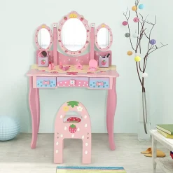 Coiffeuse Enfant 2 en 1, Table de Maquillage avec Tabouret et 3 Miroirs Amovibles, 3 Tiroirs et 2 Boîtes de Rangement,Charge 20KG