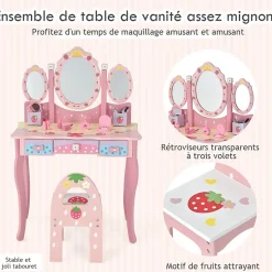 Coiffeuse Enfant 2 en 1, Table de Maquillage avec Tabouret et 3 Miroirs Amovibles, 3 Tiroirs et 2 Boîtes de Rangement,Charge 20KG