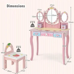 Coiffeuse Enfant 2 en 1, Table de Maquillage avec Tabouret et 3 Miroirs Amovibles, 3 Tiroirs et 2 Boîtes de Rangement,Charge 20KG