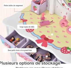 Coiffeuse Enfant 2 en 1, Table de Maquillage avec Tabouret et 3 Miroirs Amovibles, 3 Tiroirs et 2 Boîtes de Rangement,Charge 20KG