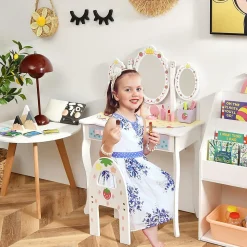 Coiffeuse Enfant 2 en 1, Table de Maquillage avec Tabouret et 3 Miroirs Amovibles, 3 Tiroirs et 2 Boîtes de Rangement,Charge 20KG