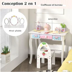 Coiffeuse Enfant 2 en 1, Table de Maquillage avec Tabouret et 3 Miroirs Amovibles, 3 Tiroirs et 2 Boîtes de Rangement,Charge 20KG