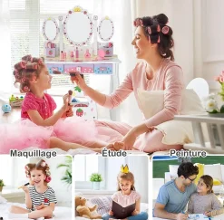 Coiffeuse Enfant 2 en 1, Table de Maquillage avec Tabouret et 3 Miroirs Amovibles, 3 Tiroirs et 2 Boîtes de Rangement,Charge 20KG