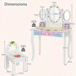 Coiffeuse Enfant 2 en 1, Table de Maquillage avec Tabouret et 3 Miroirs Amovibles, 3 Tiroirs et 2 Boîtes de Rangement,Charge 20KG