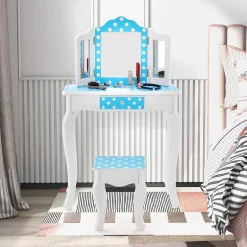 Coiffeuse Enfant avec Tabouret 2 en 1 Table de Maquillage avec Miroir Rabattable Tiroir Unique Plateau Amovible