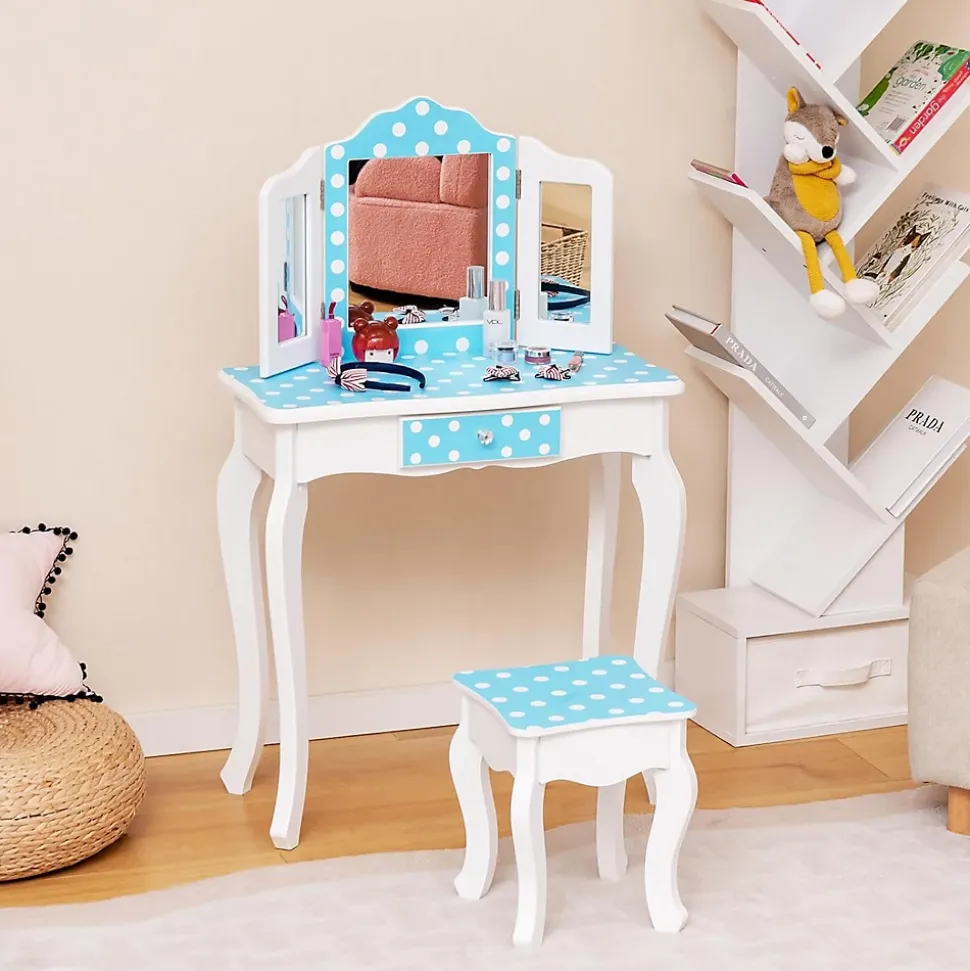 Coiffeuse Enfant avec Tabouret 2 en 1 Table de Maquillage avec Miroir Rabattable Tiroir Unique Plateau Amovible